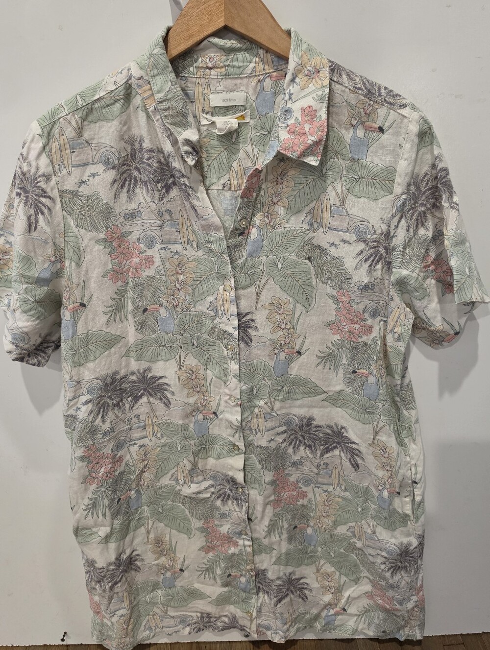 C&C California 100% Linen Tropical Print Shirt Dress Tunic XL Coastal Beach Cove